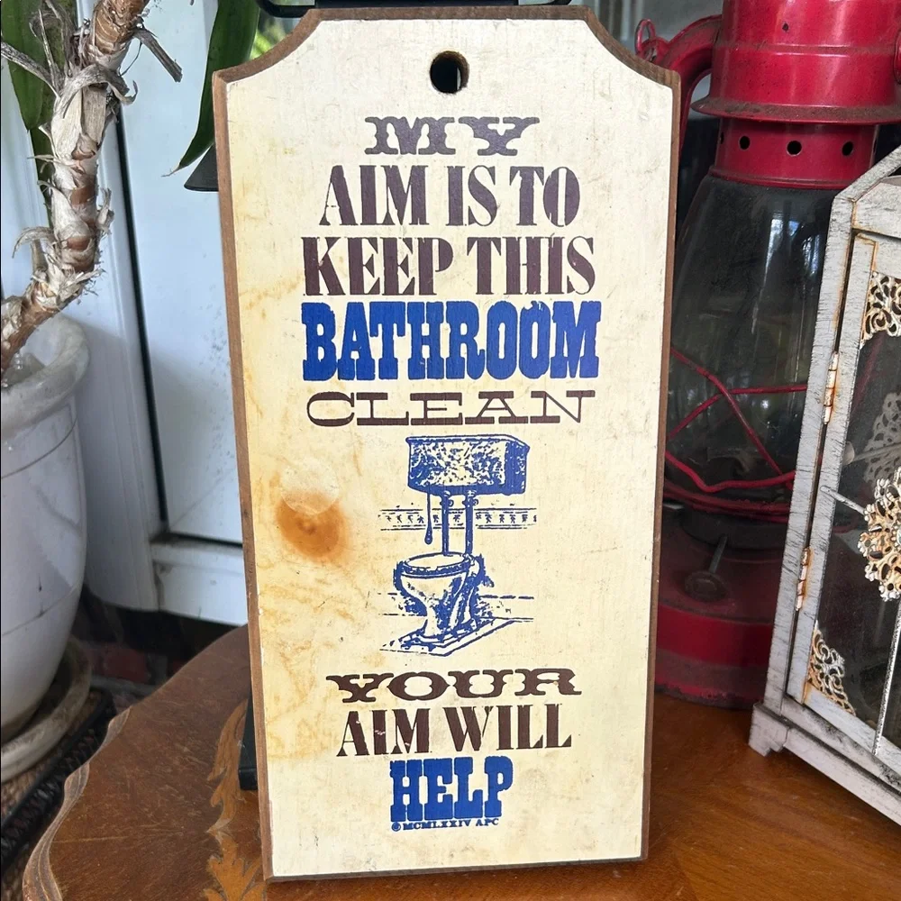 Rustic Bathroom Sign with Blue Text
